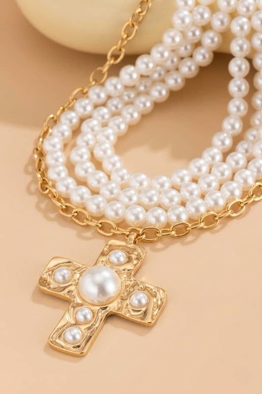 Notable Hammered Cross Multi Wrap Pearl Necklace