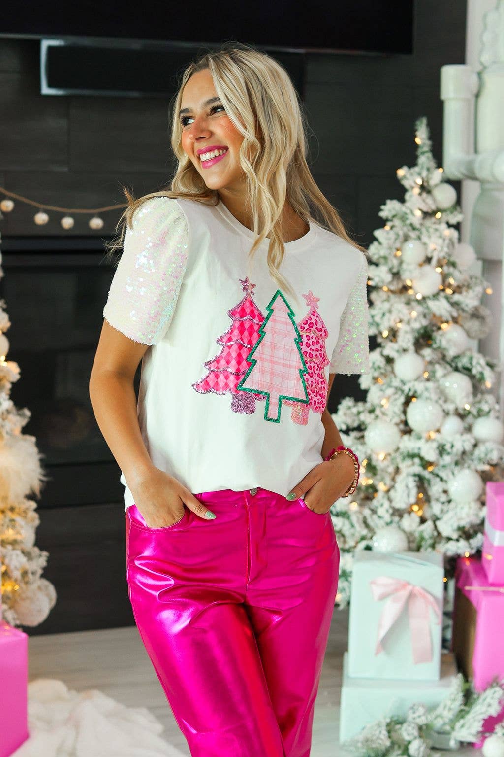 Sequin Trees on White Sequin Sleeve Top