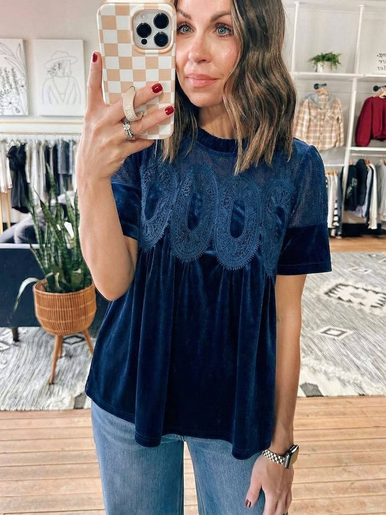 Velvet Top with Lace & Embroidered Trim Gold Velvet Puff Sleeve Blouse