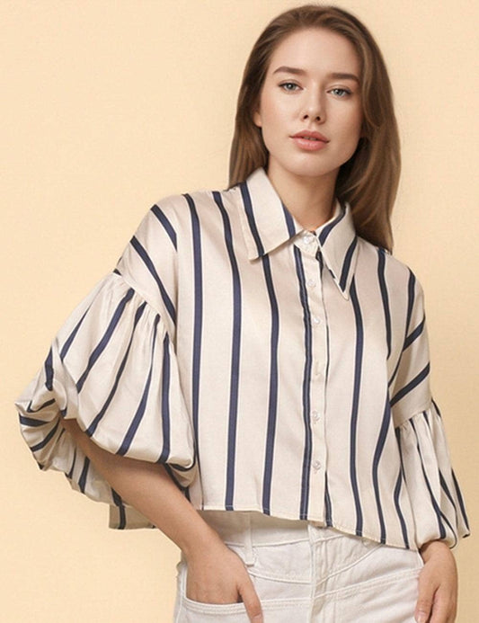 Ladies Lantern Sleeve Striped Short Shirt