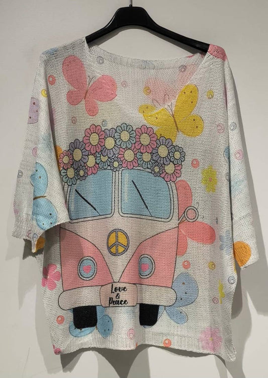 POVA Pink Van Knit Printed Sweater 3/4 sleeves