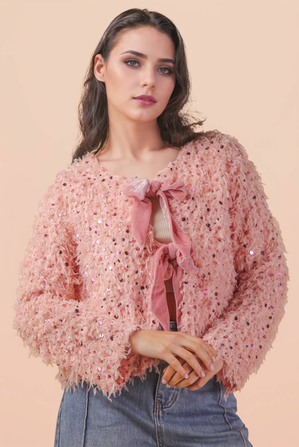 NJ90462-Sequin Textured Holiday Jacket W/ Front Tie