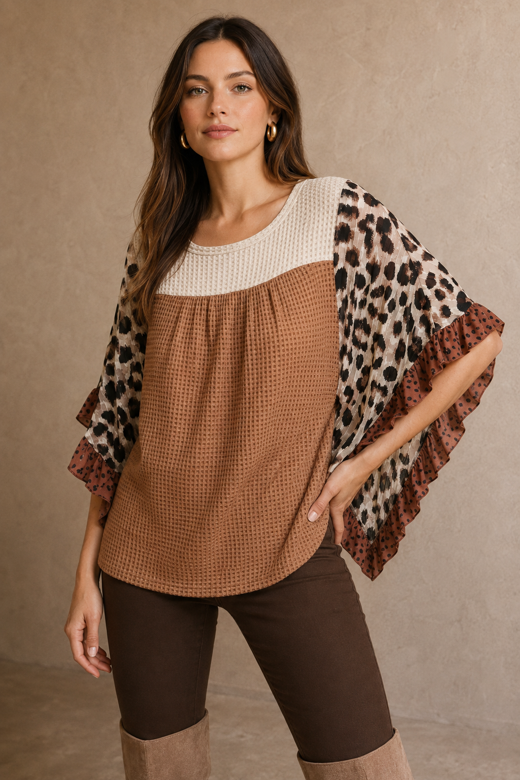 Mixed Media Animal Print Lurex Ruffle Flutter Sleeve  Top