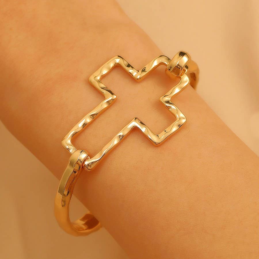 Hammered Open Cross Bangle - Silver or Gold | 40B5235