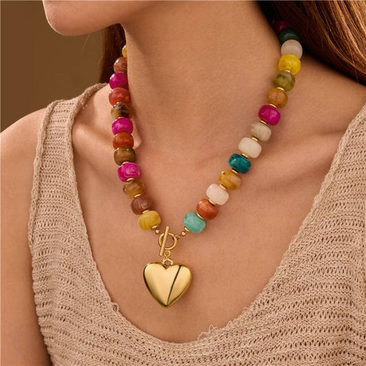 MULTI BEADED HEART CHARM TOGGLE NECKLACE | 40NK9700