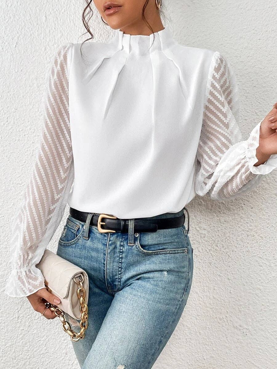 Mock Neck Chiffon Blouse Lace Sleeve Elegant Work Top