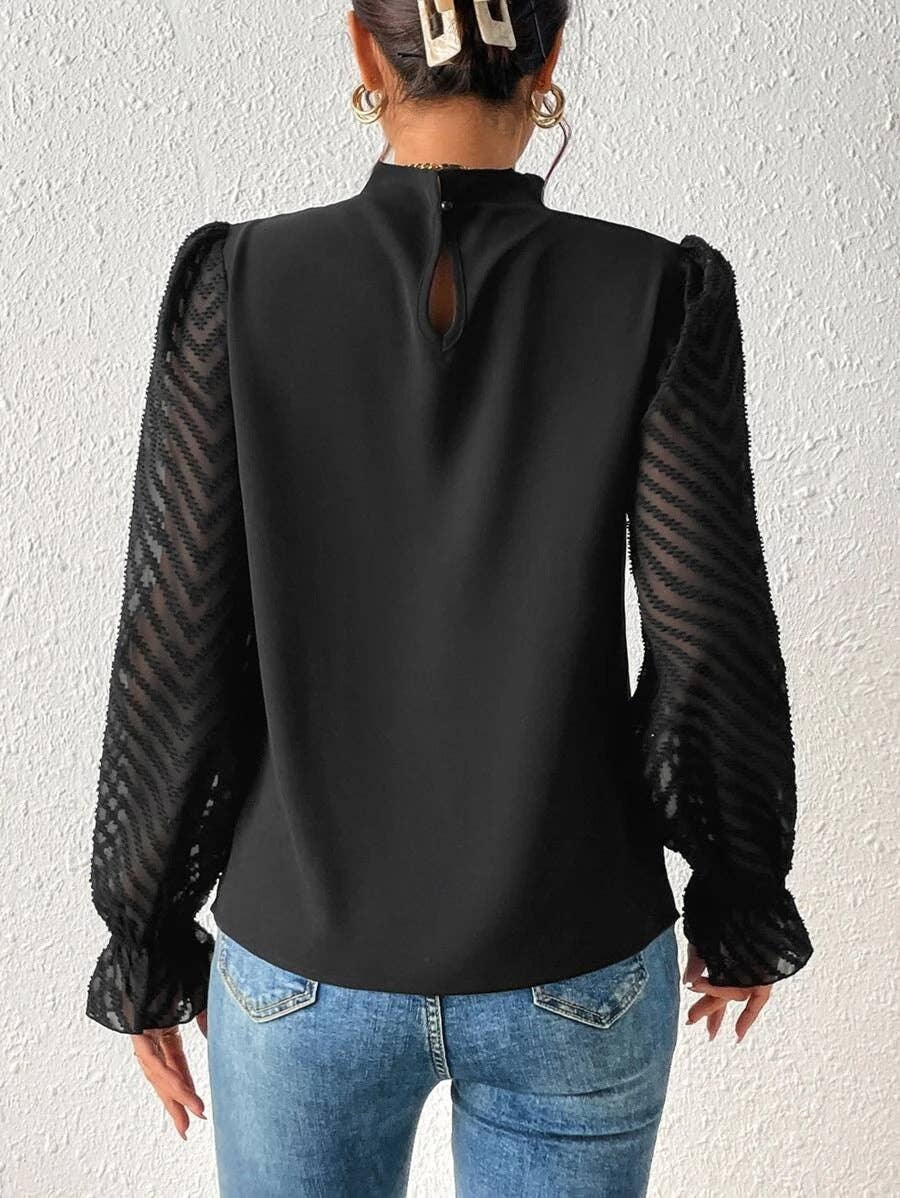 Mock Neck Chiffon Blouse Lace Sleeve Elegant Work Top
