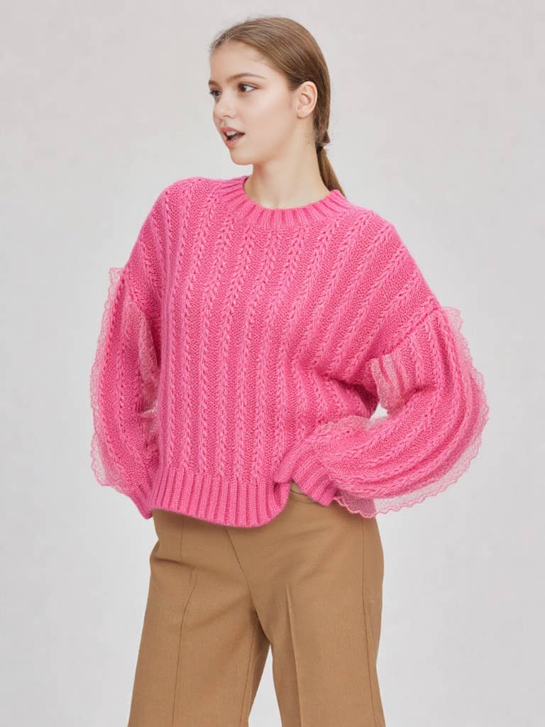 12W2901V-Lace Trim Oversized Knit Sweater Top