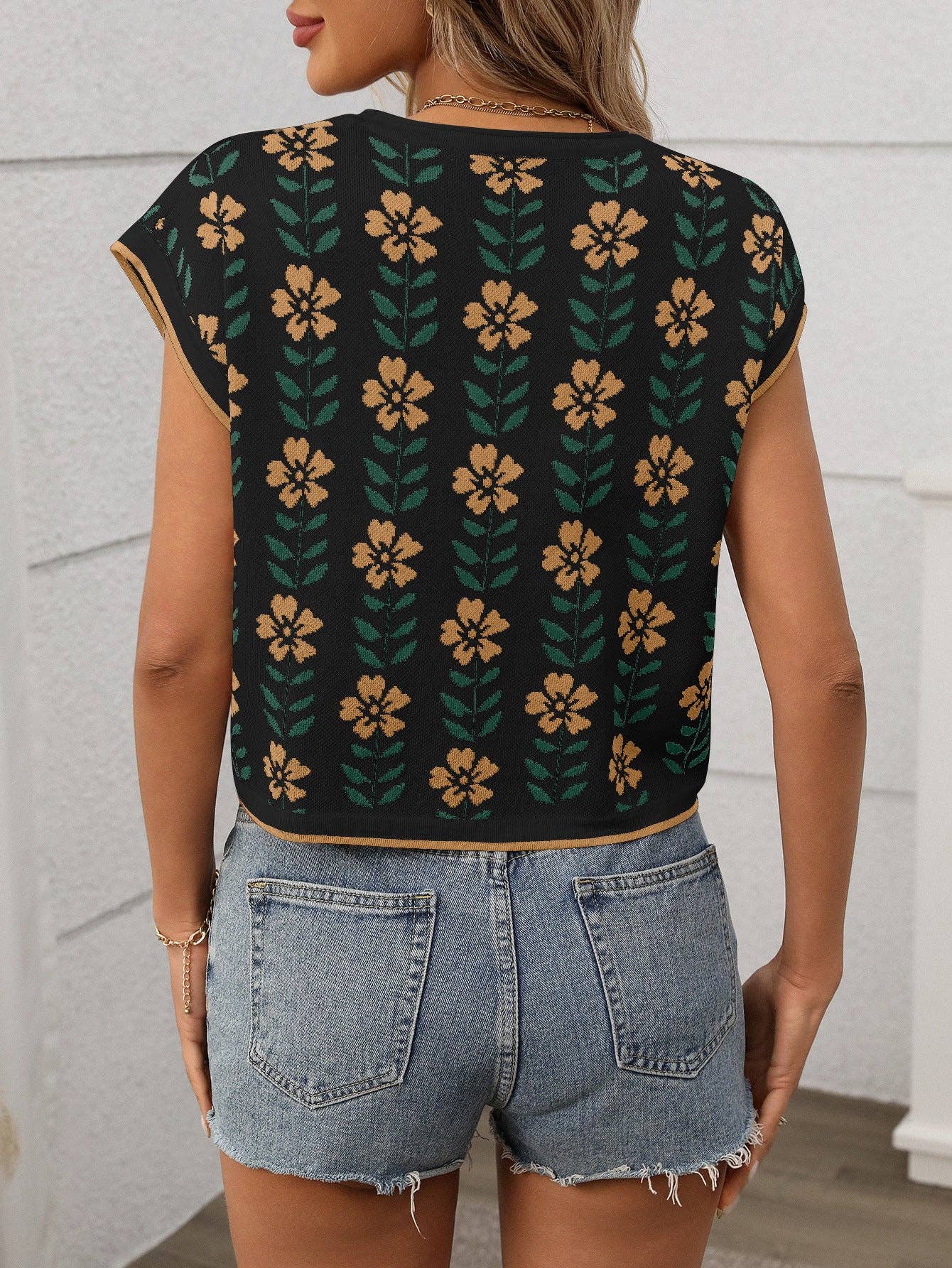Women’s Vintage Floral Knit Crop Top Cap Sleeve Tee