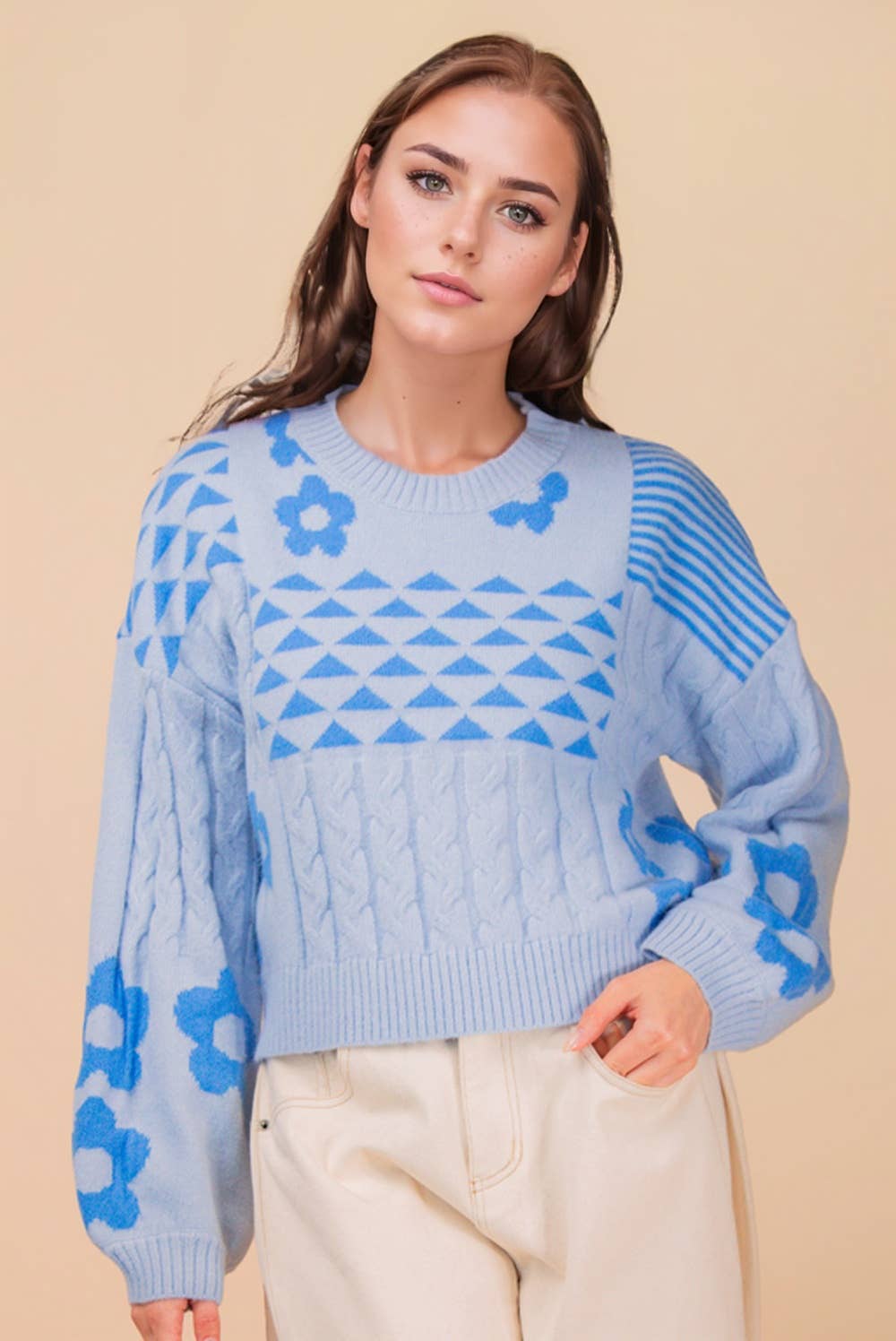 12W3576N-Oversized Balloon Sleeve Graphic Knit Sweater Top