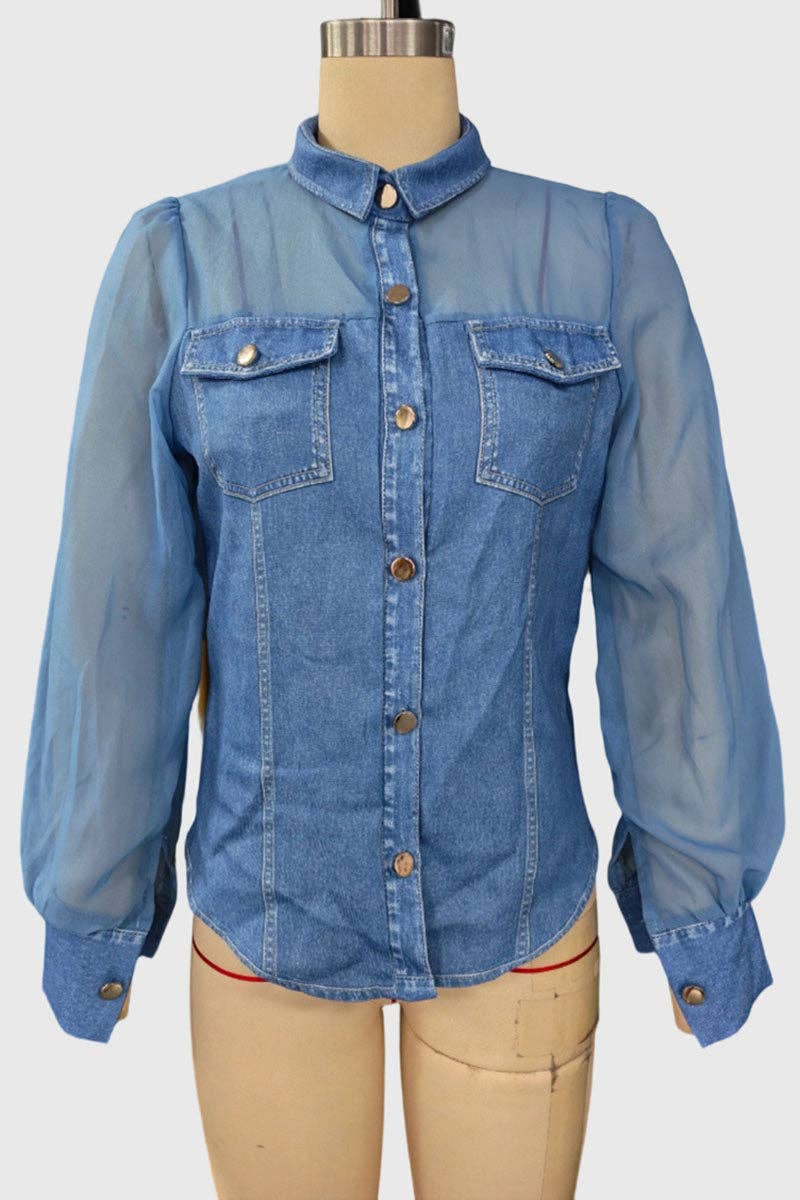 Sheer Sleeve Button-Front Shirt