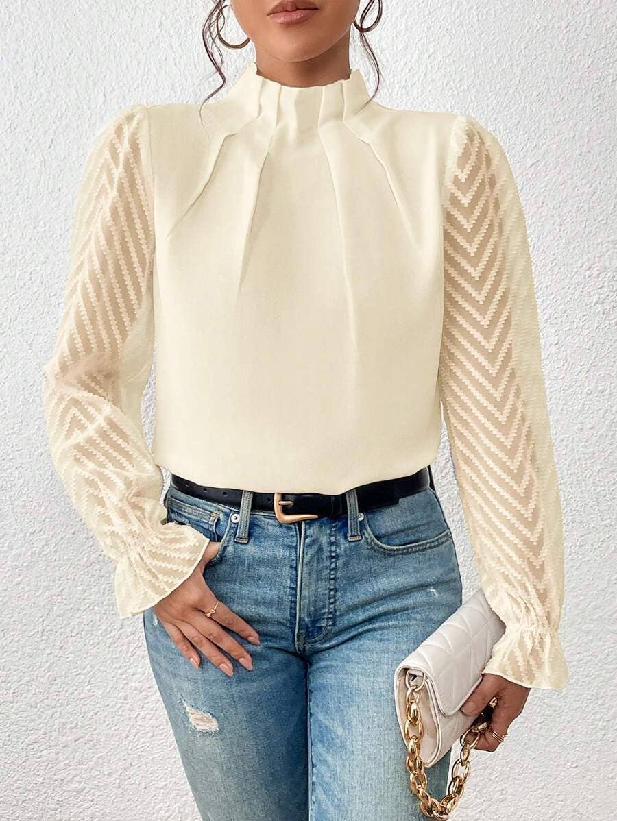 Mock Neck Chiffon Blouse Lace Sleeve Elegant Work Top