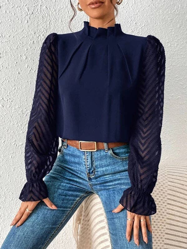 Mock Neck Chiffon Blouse Lace Sleeve Elegant Work Top