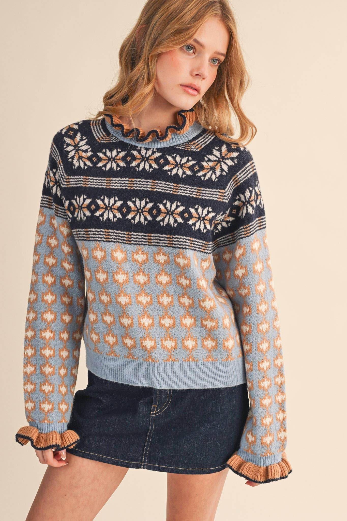 RUFFLED MOCK NECK FAIR ISLE SWEATER MSW10961