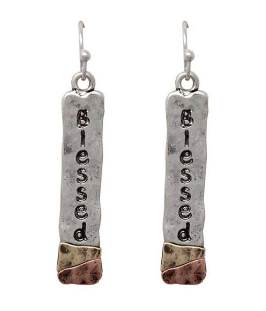 ( A864 )  RELIGIOUS INSPIRATION METAL BAR EARRING - BLESSED