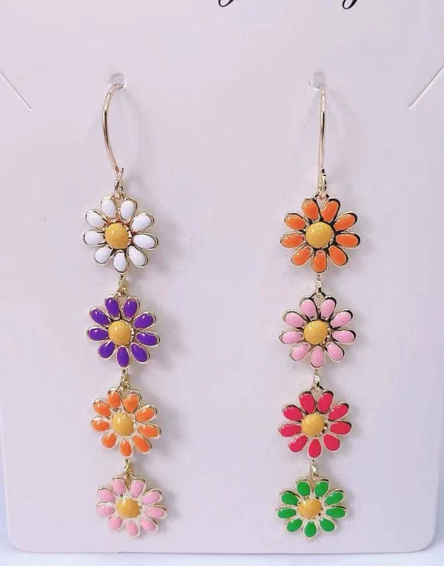 Drop and Dangle Hand Assembled Multicolor Daisy Earrings