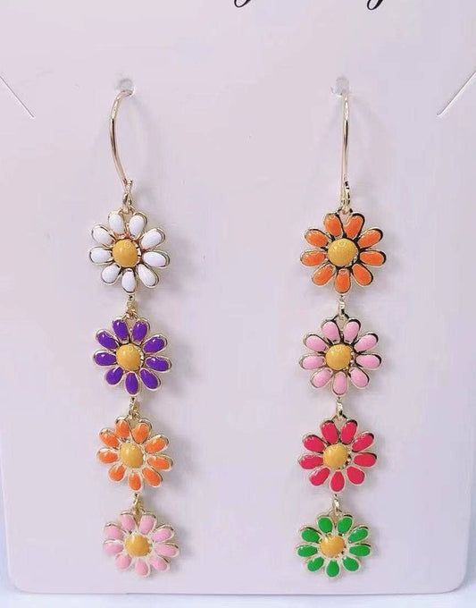 Drop and Dangle Hand Assembled Multicolor Daisy Earrings