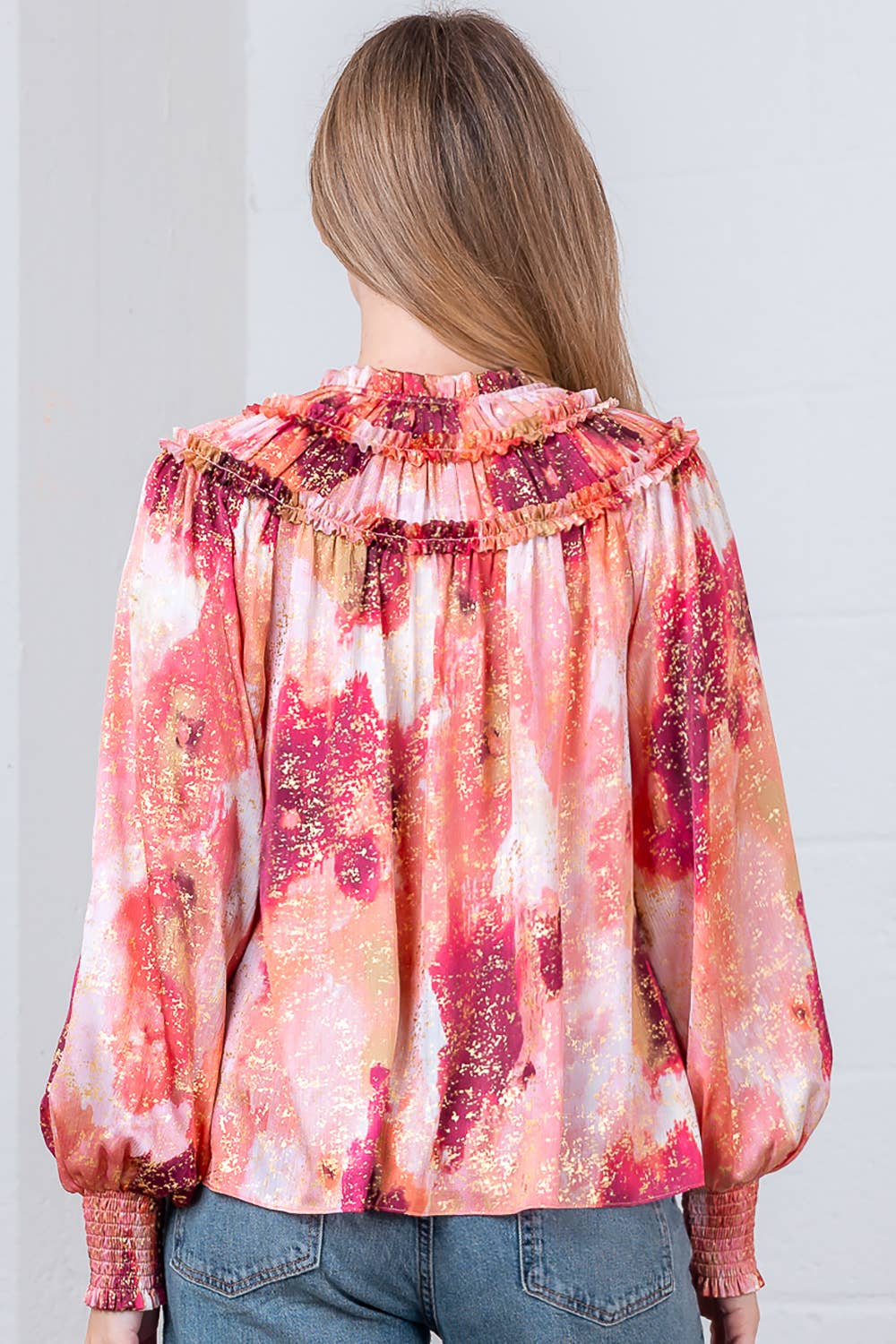 HT28064T-FLOWY BLOUSE WITH NECK TIE & SMOCKING DETAIL