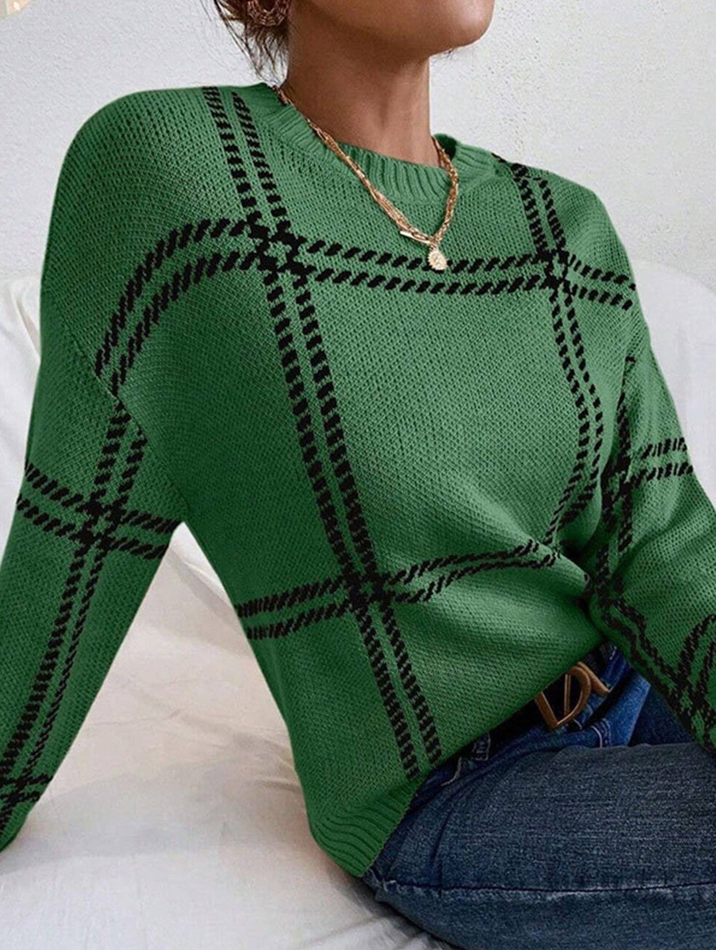 Check Colorblock Crew Neck Sweater