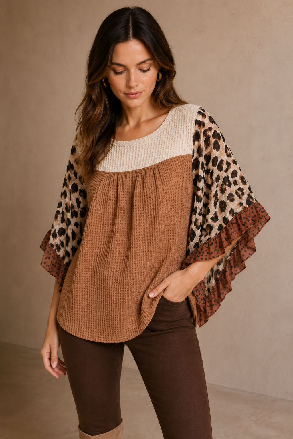 Mixed Media Animal Print Lurex Ruffle Flutter Sleeve  Top