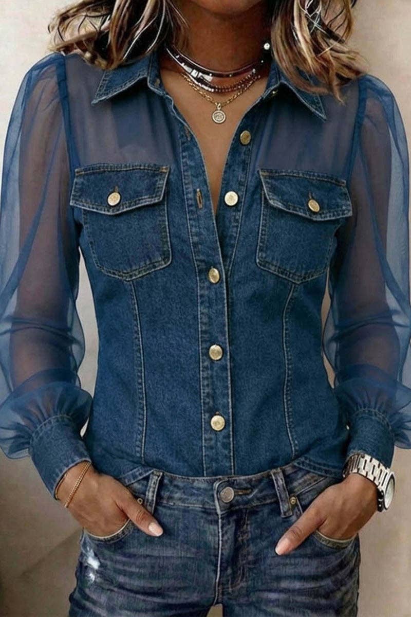 Sheer Sleeve Button-Front Shirt