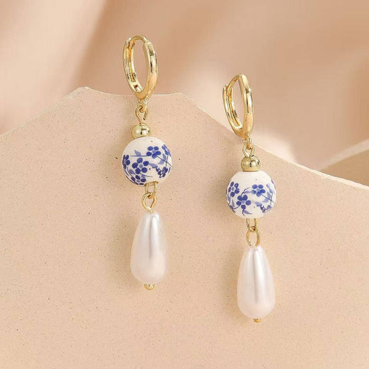 Drop and Dangle Pearl and Chinoiserie Style Earrings