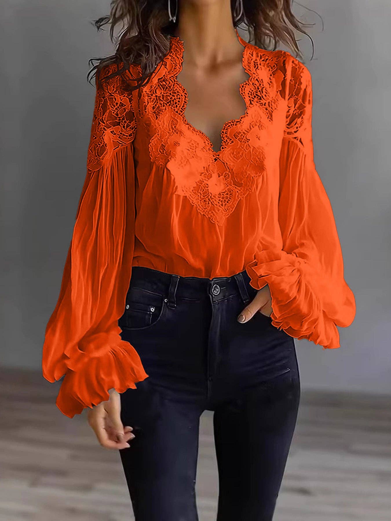 Embroidered Lace V Neck Balloon Sleeve Blouse