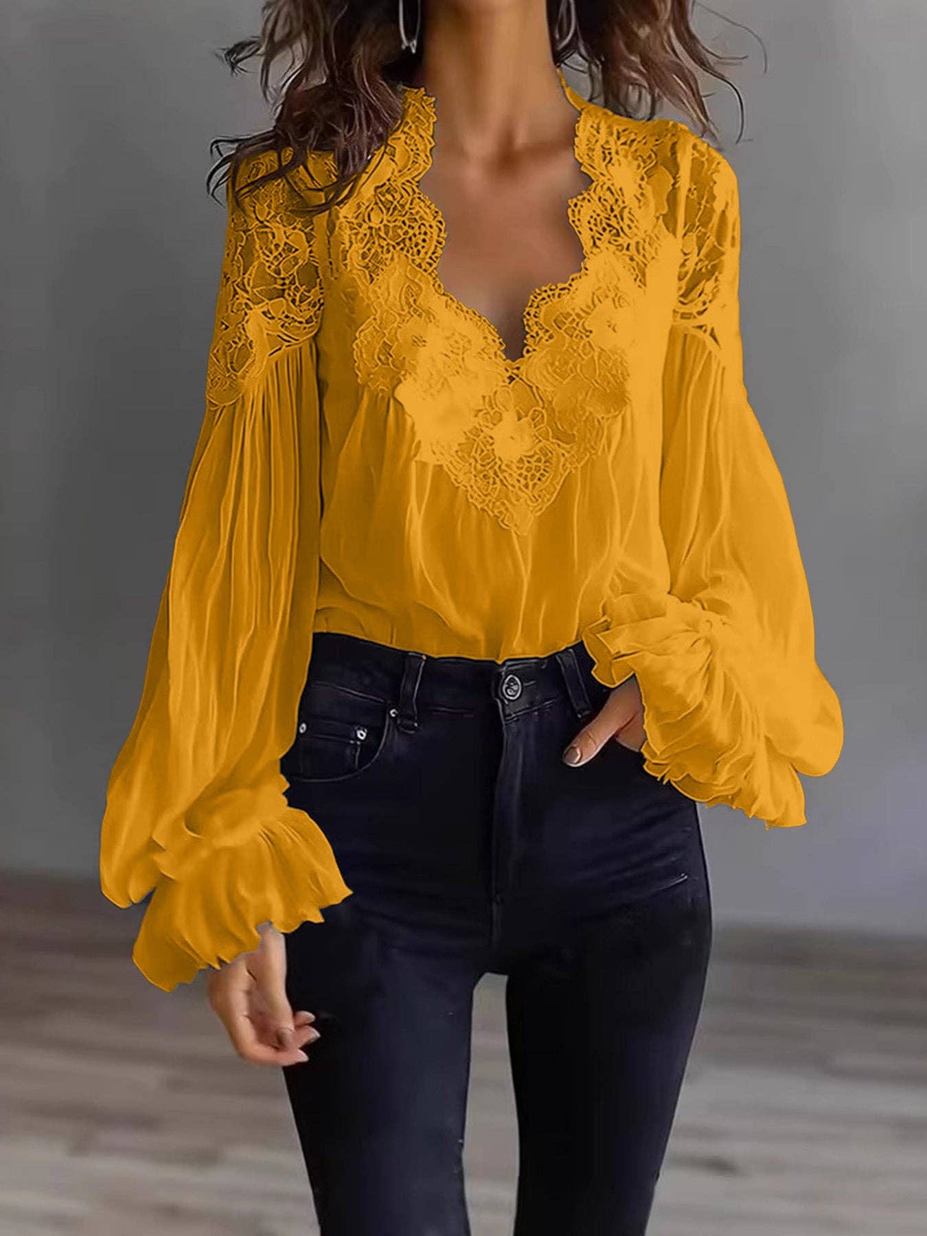 Embroidered Lace V Neck Balloon Sleeve Blouse