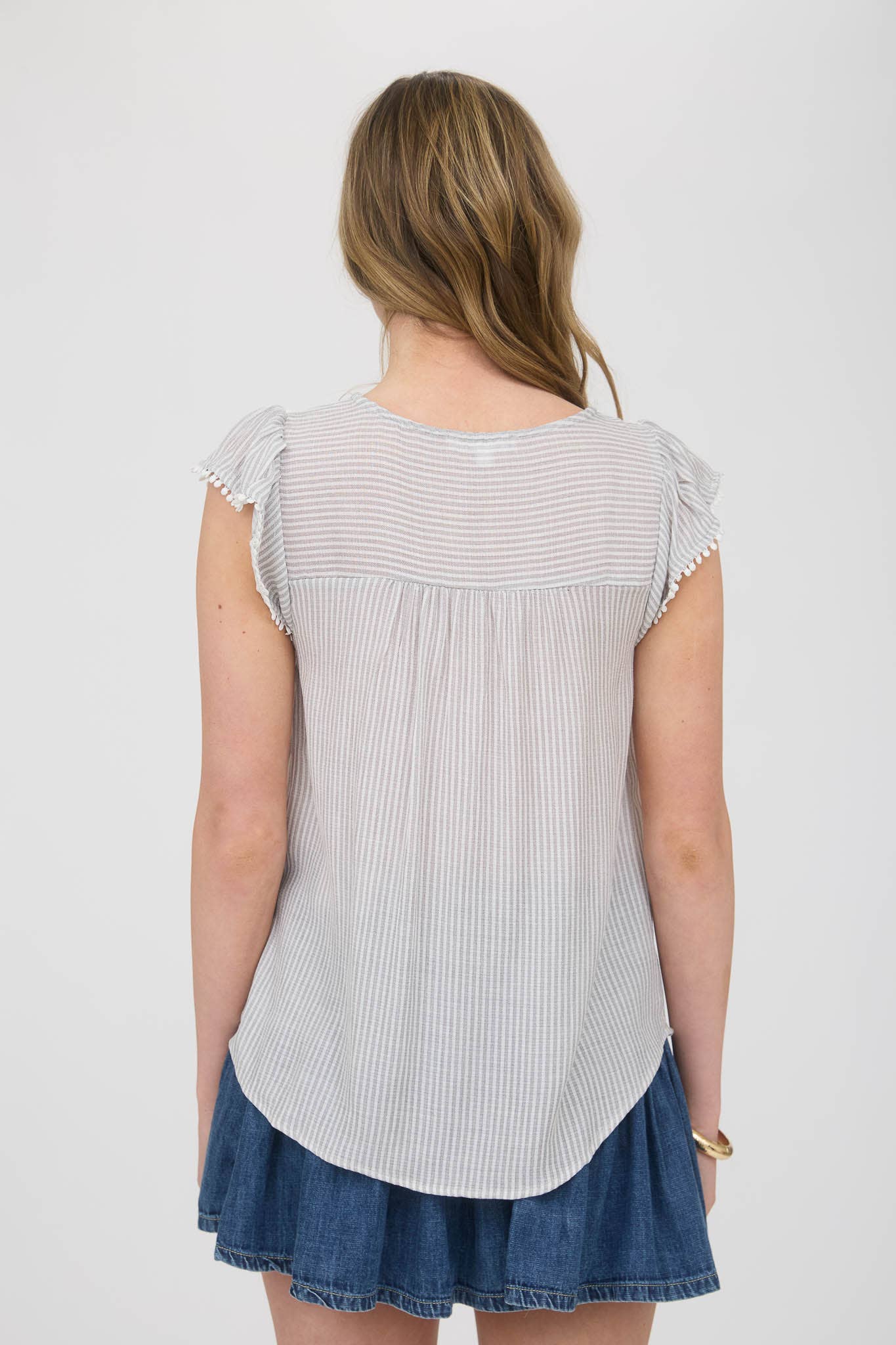 STRIPE LACE YOKE FRONT TIE SHORT SLEEVE TOP