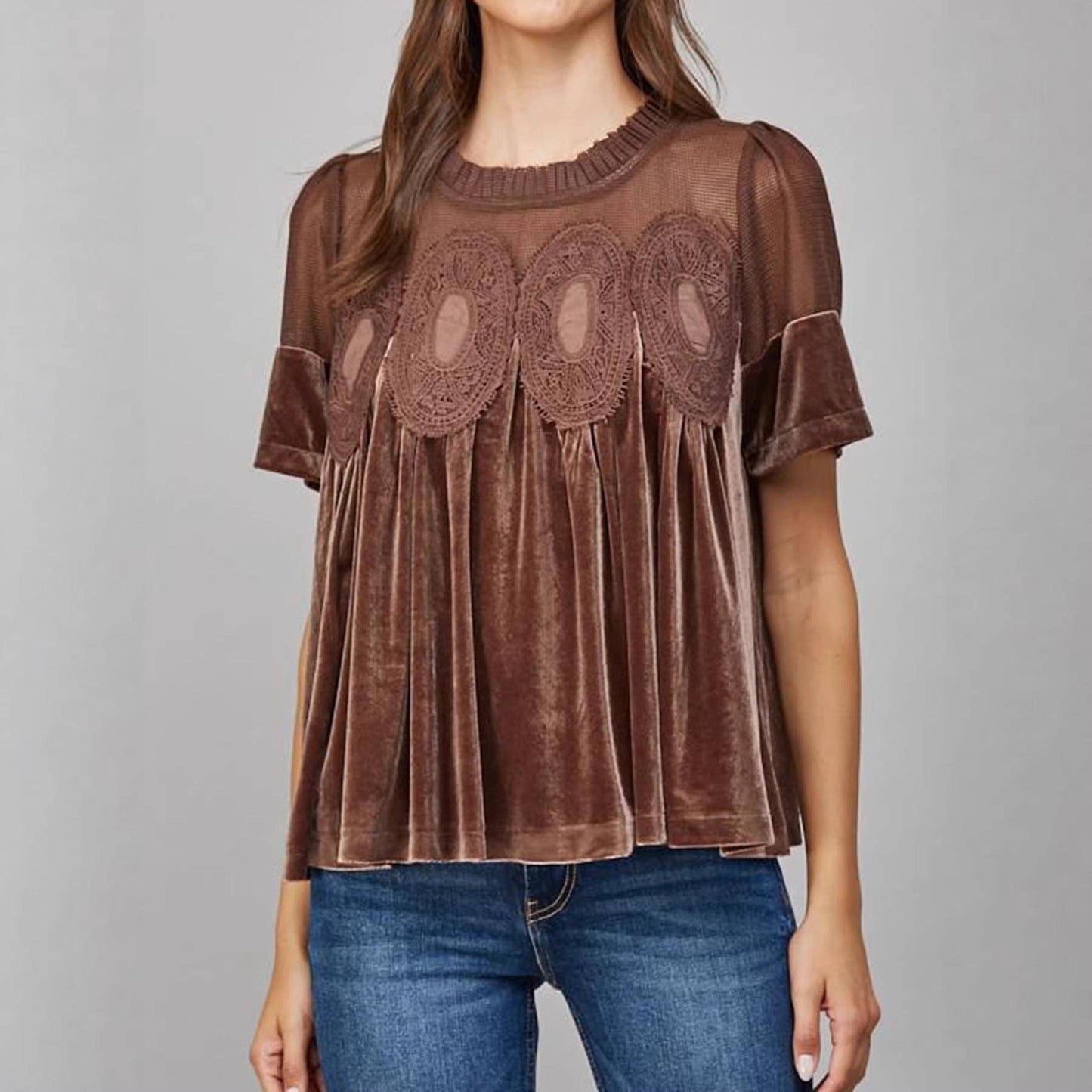 Velvet Top with Lace & Embroidered Trim Gold Velvet Puff Sleeve Blouse