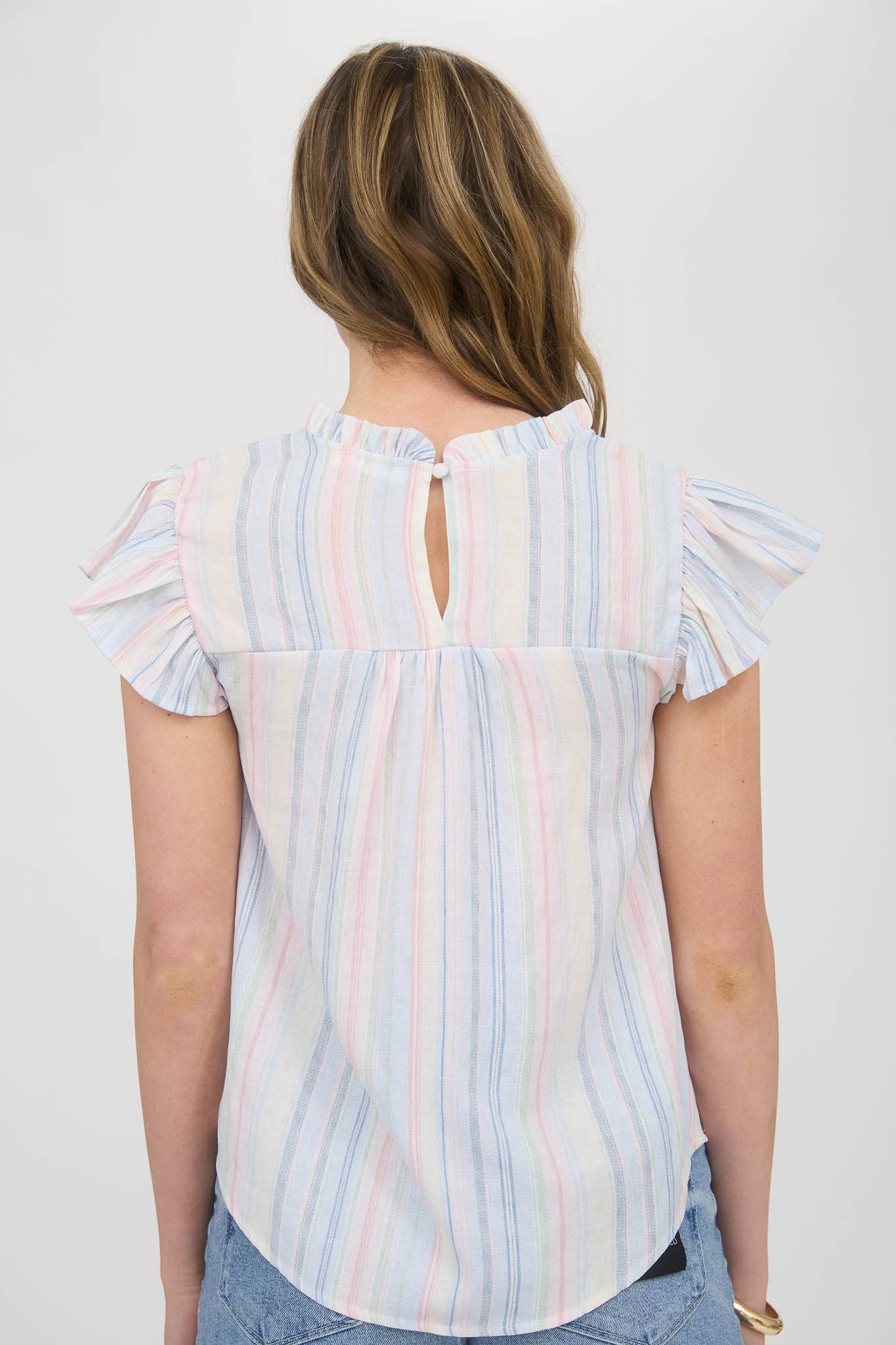MULTICOLOR STRIPE LACE TRIM RUFFLE SLEEVE TOP