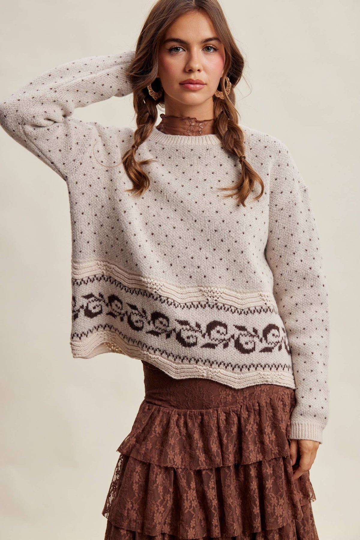 Swiss Dot Border Knit Sweater LSW1092