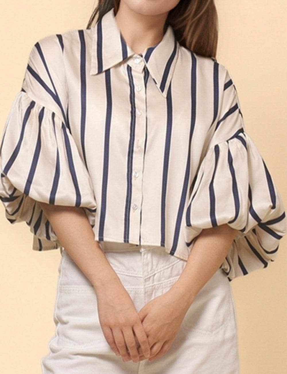 Ladies Lantern Sleeve Striped Short Shirt