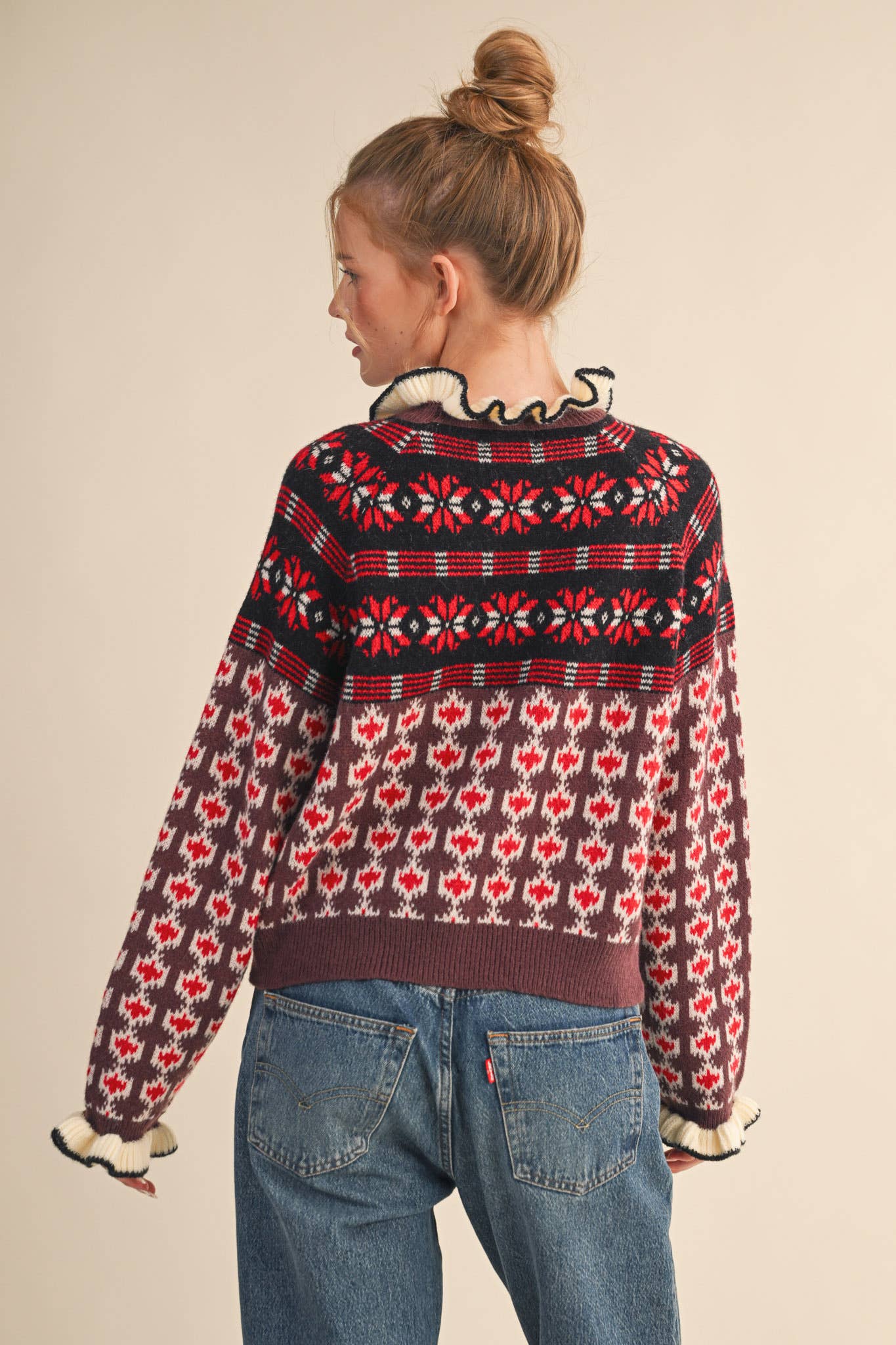 RUFFLED MOCK NECK FAIR ISLE SWEATER MSW10961