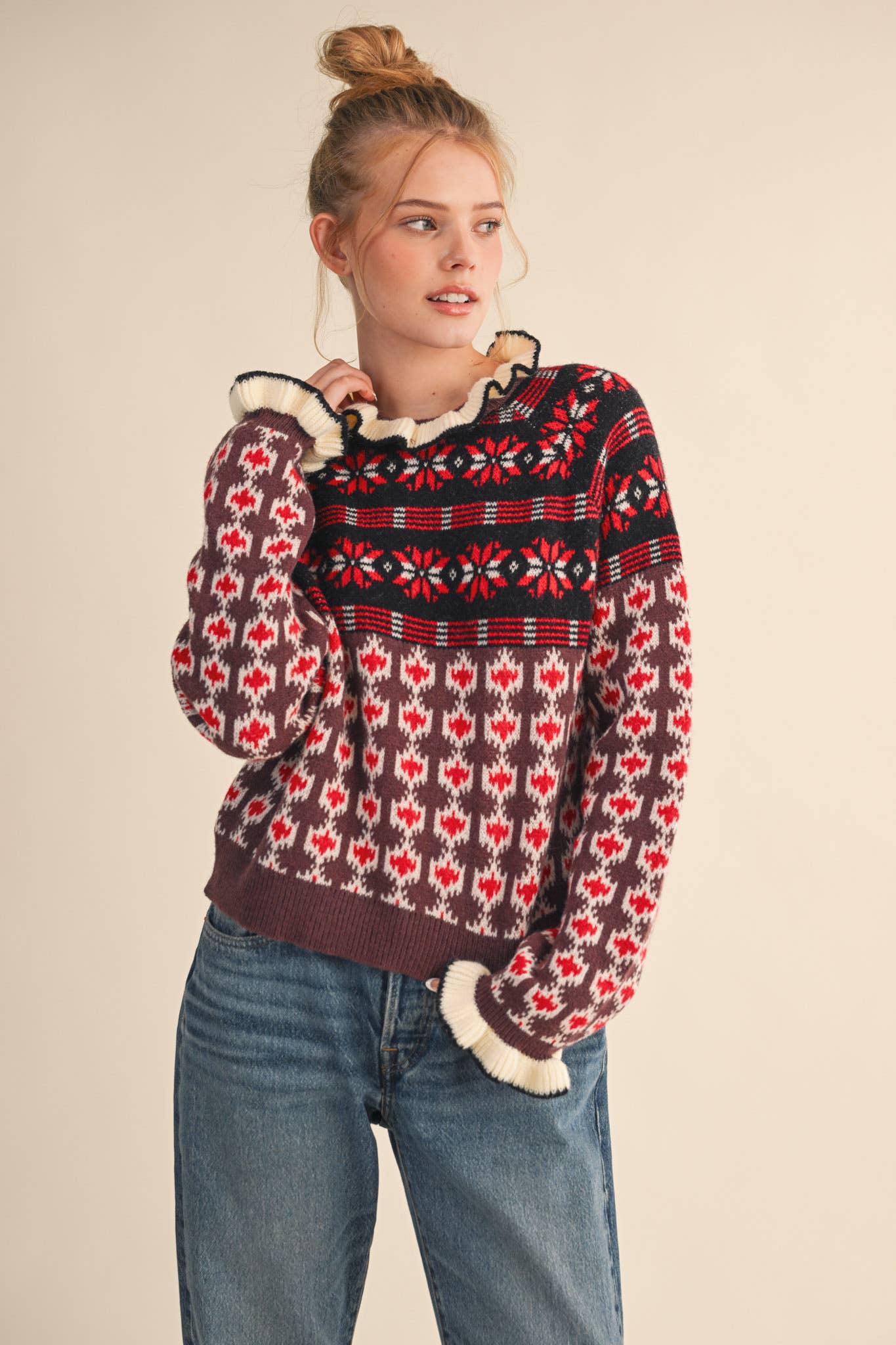 RUFFLED MOCK NECK FAIR ISLE SWEATER MSW10961