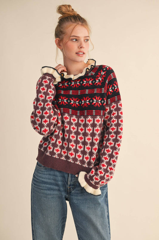 RUFFLED MOCK NECK FAIR ISLE SWEATER MSW10961