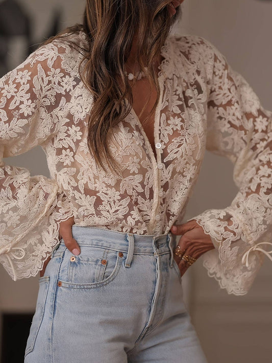 Casual Lace Long-Sleeve Blouse