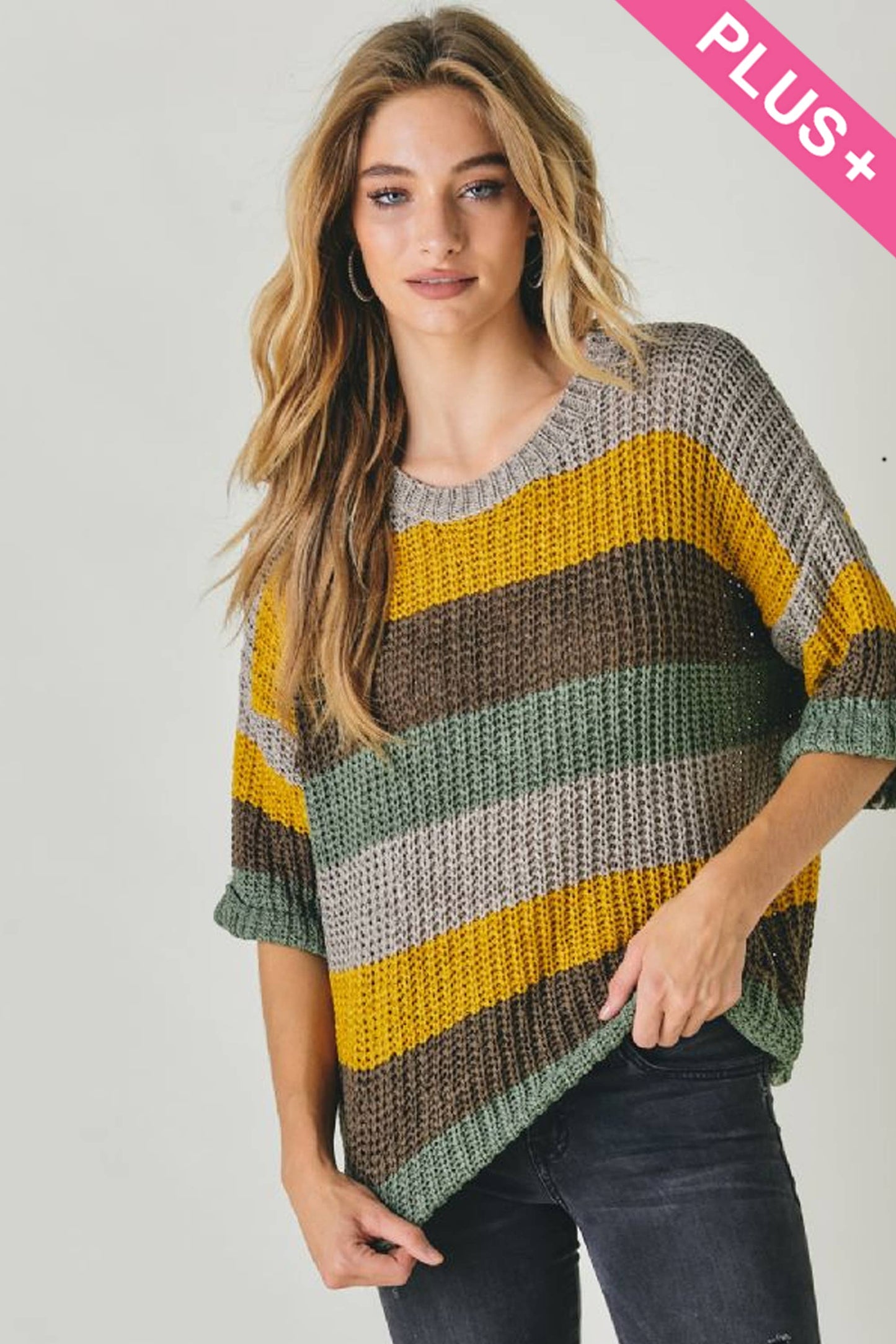 PLUS COLORBLOCK STRIPE THICK COZY KNIT SWEATER