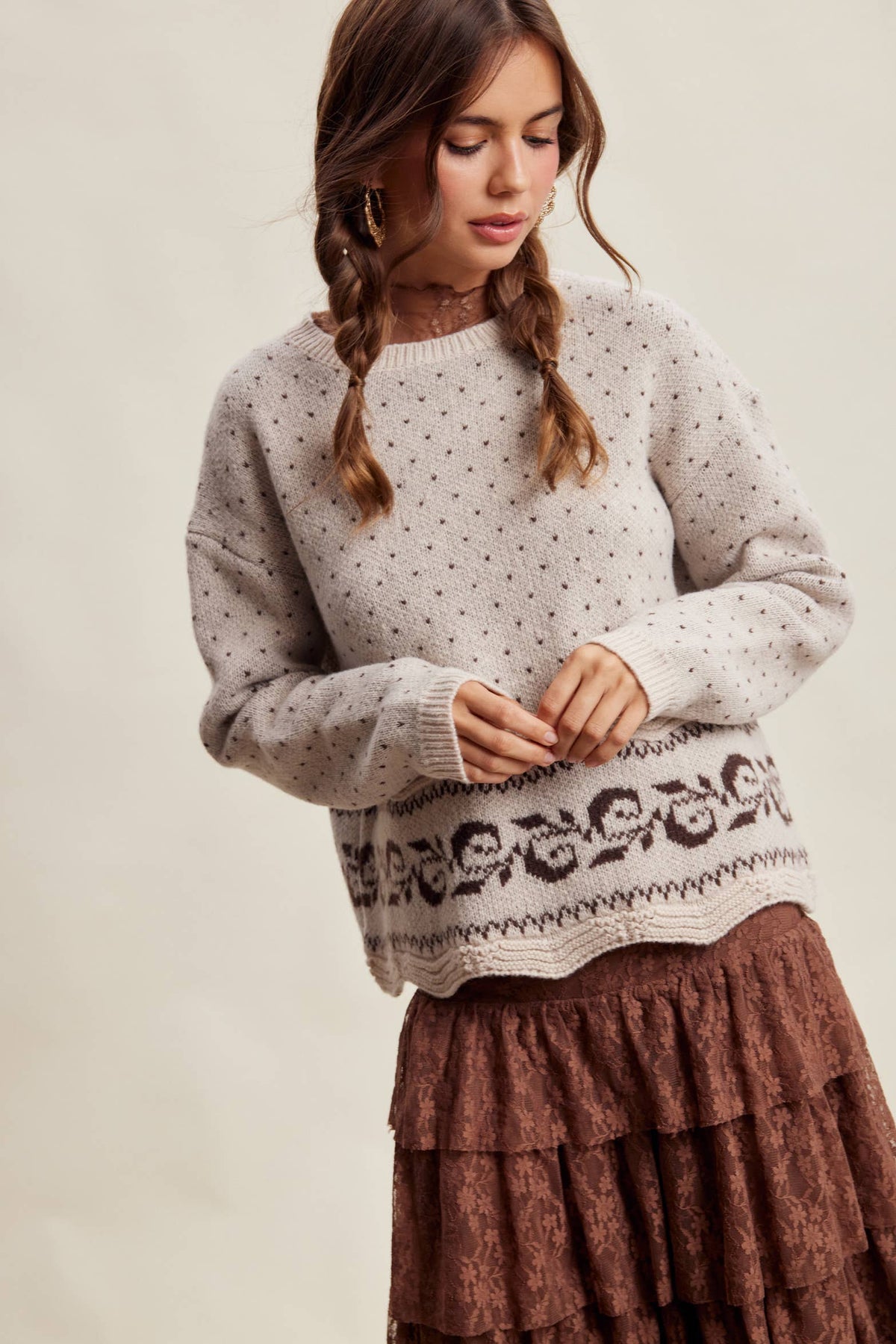 Swiss Dot Border Knit Sweater LSW1092