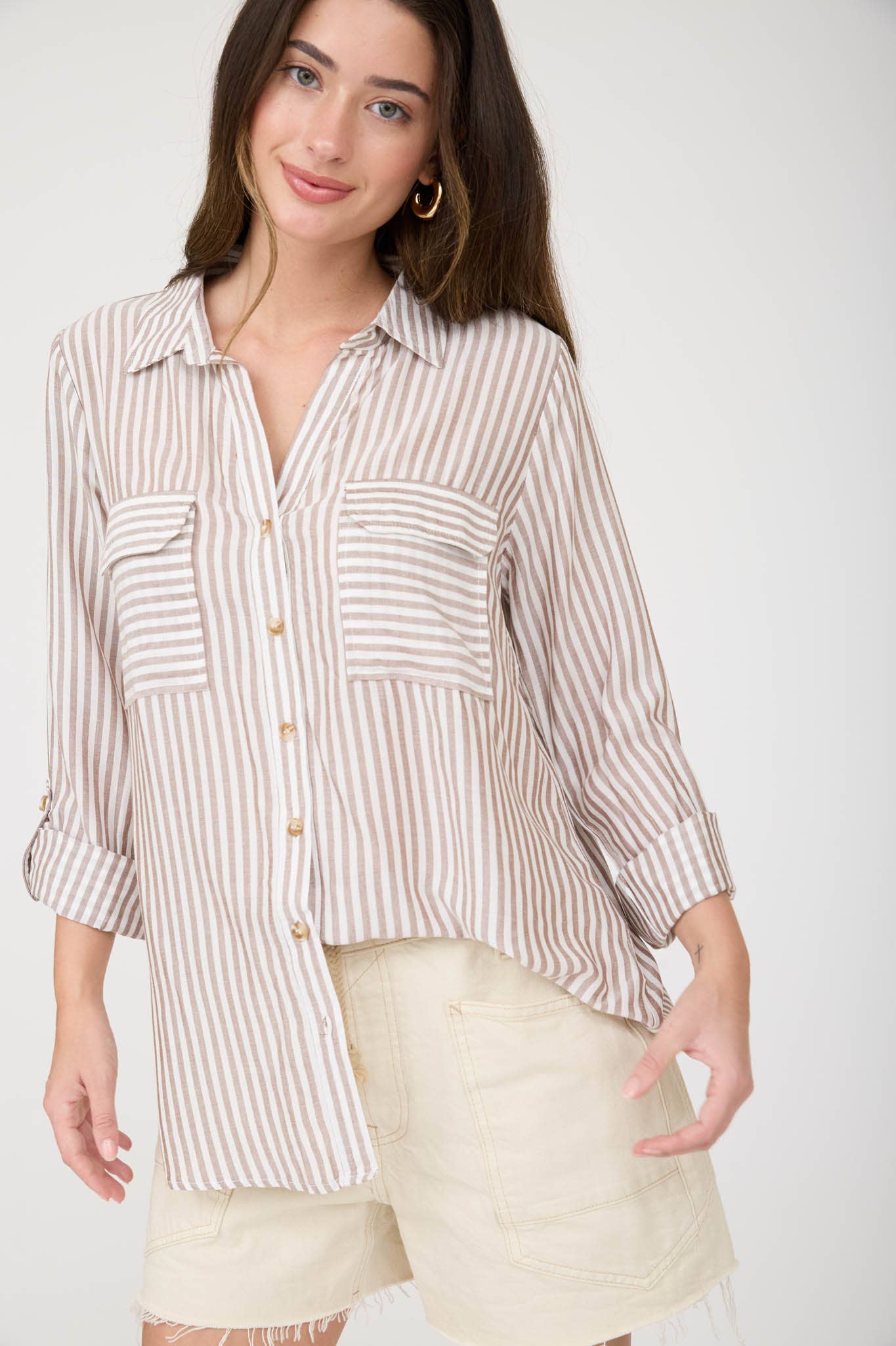 STRIPE COLLARED BUTTON DOWN LIGHTWEIGHT SHIRT