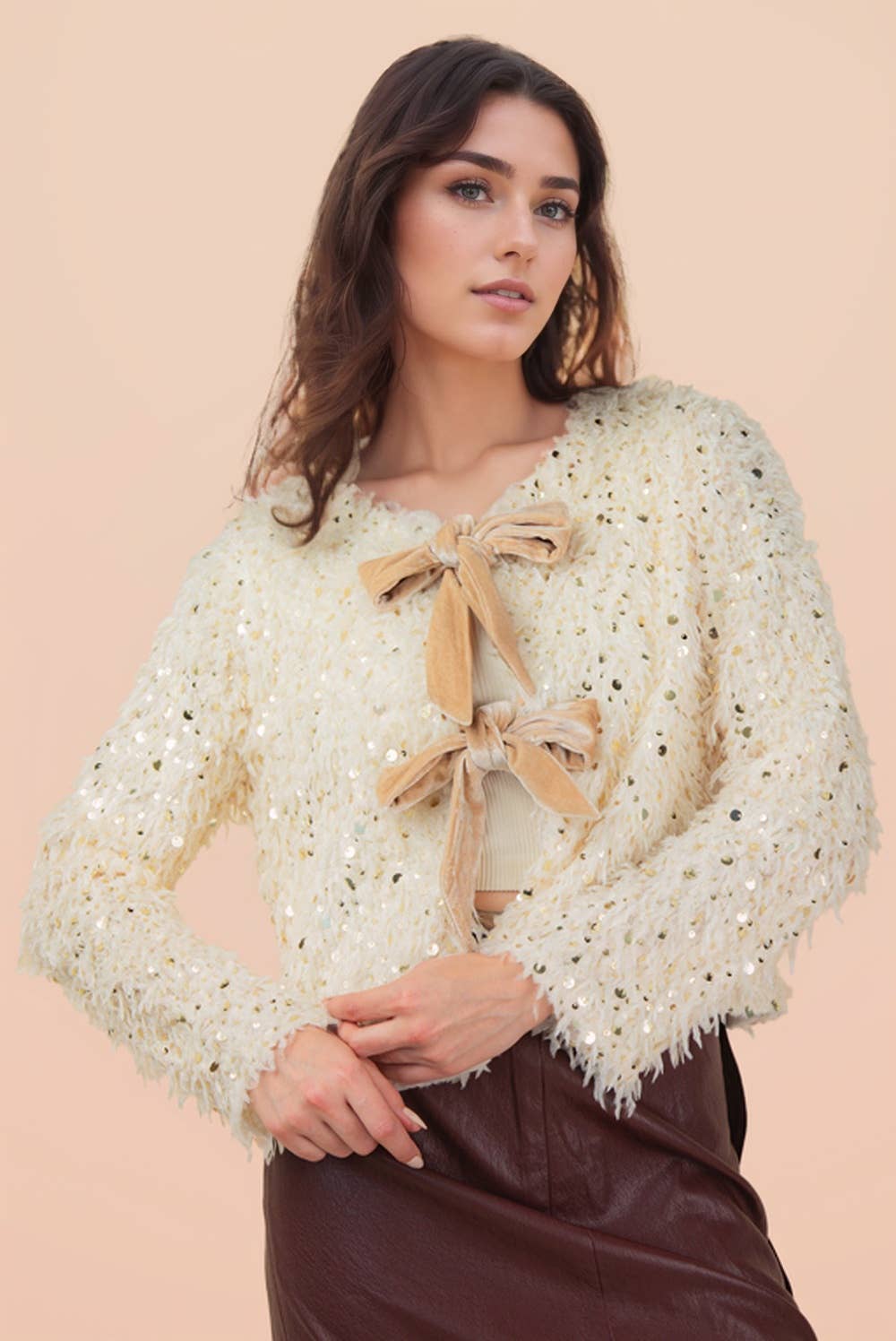 NJ90462-Sequin Textured Holiday Jacket W/ Front Tie