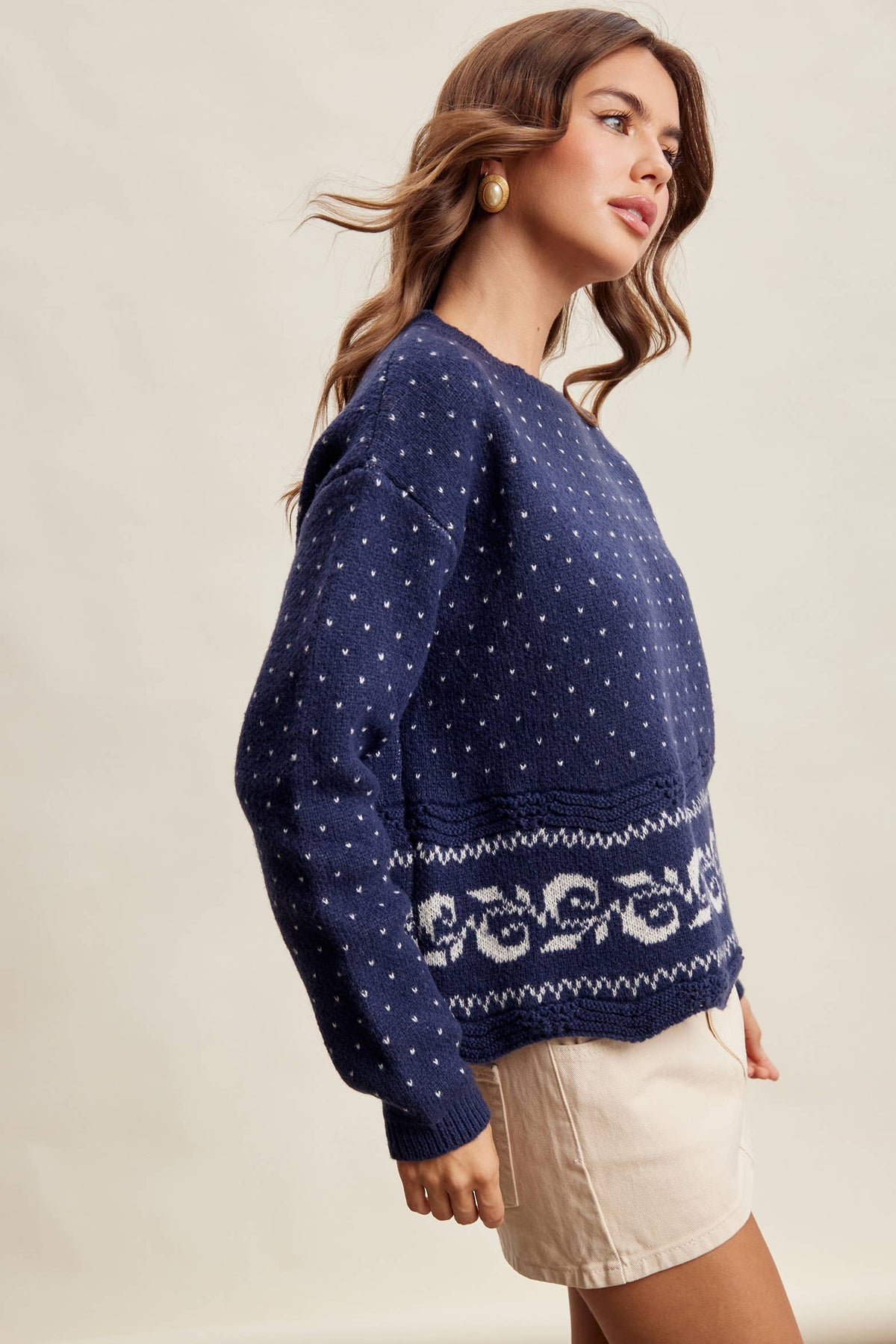 Swiss Dot Border Knit Sweater LSW1092