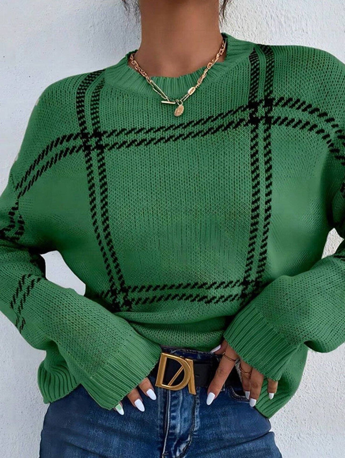 Check Colorblock Crew Neck Sweater