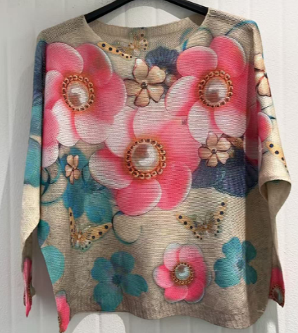 COPET Pink Petals Round Knit Printed Sweater LOOWIE