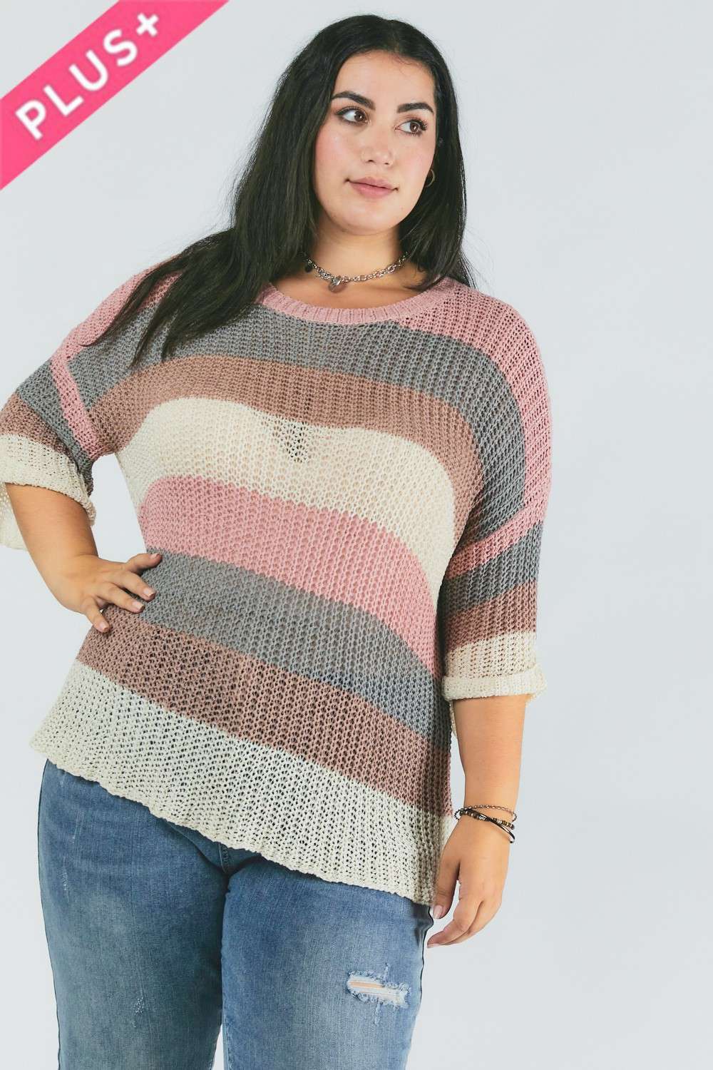 PLUS COLORBLOCK STRIPE THICK COZY KNIT SWEATER