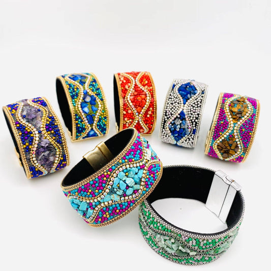 Boho Handmade Gravel Beads Magnetic Buckle Bangle - BJ/LB/CS