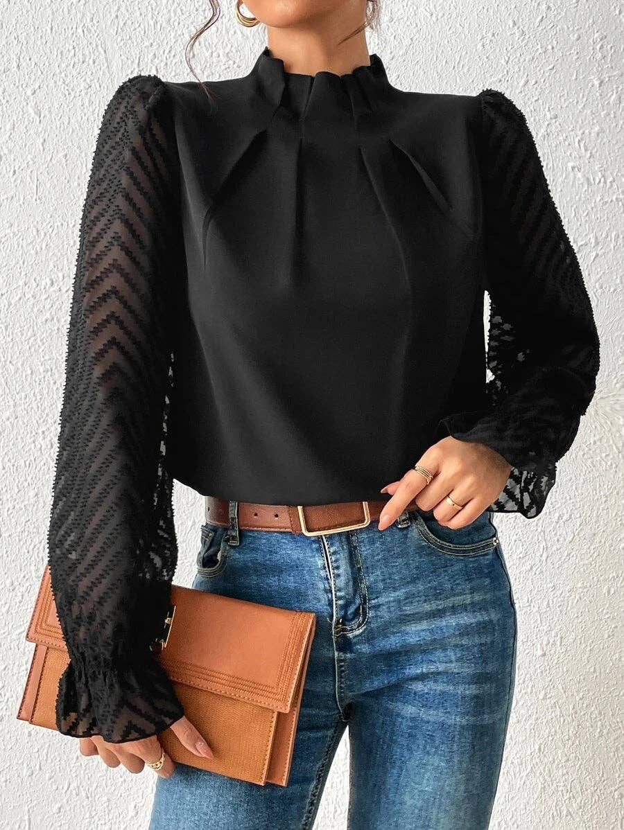 Mock Neck Chiffon Blouse Lace Sleeve Elegant Work Top