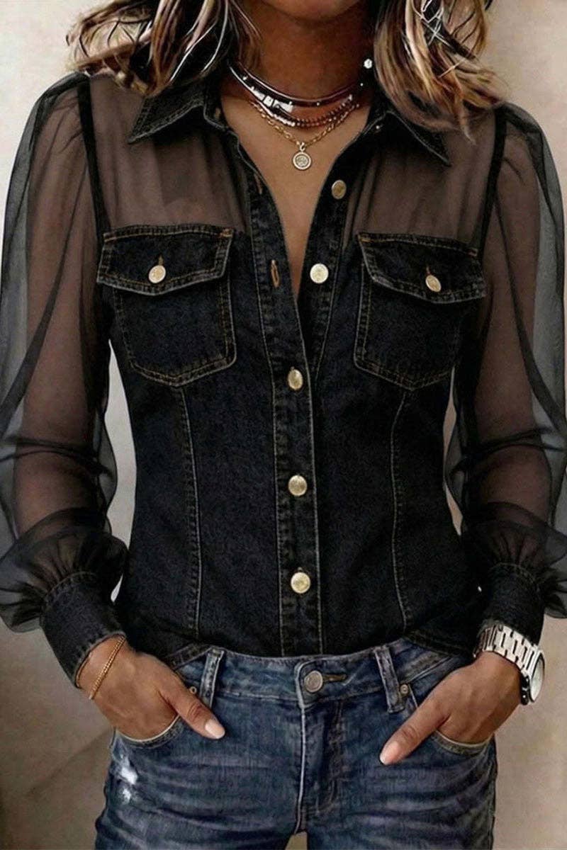 Sheer Sleeve Button-Front Shirt