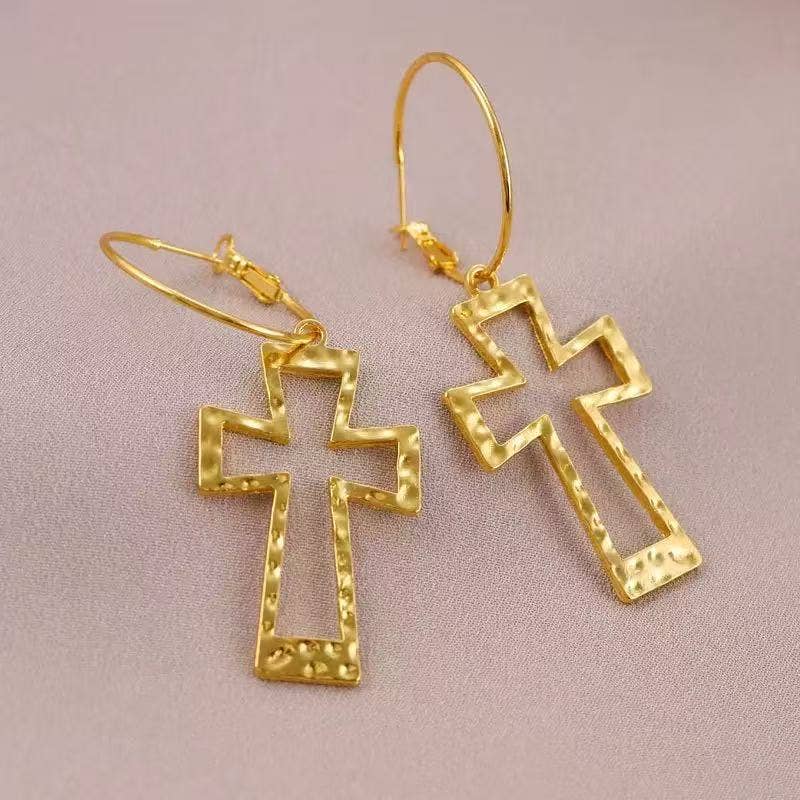 Cute Pair of Cross Hoop Earrings for Women. Gold and Silver