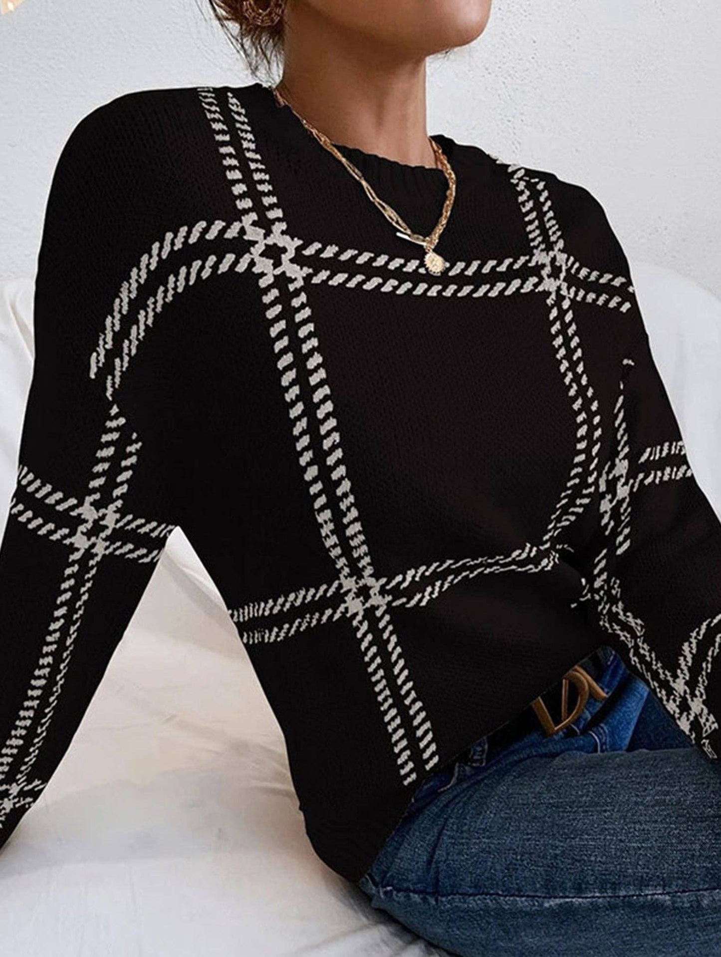 Check Colorblock Crew Neck Sweater